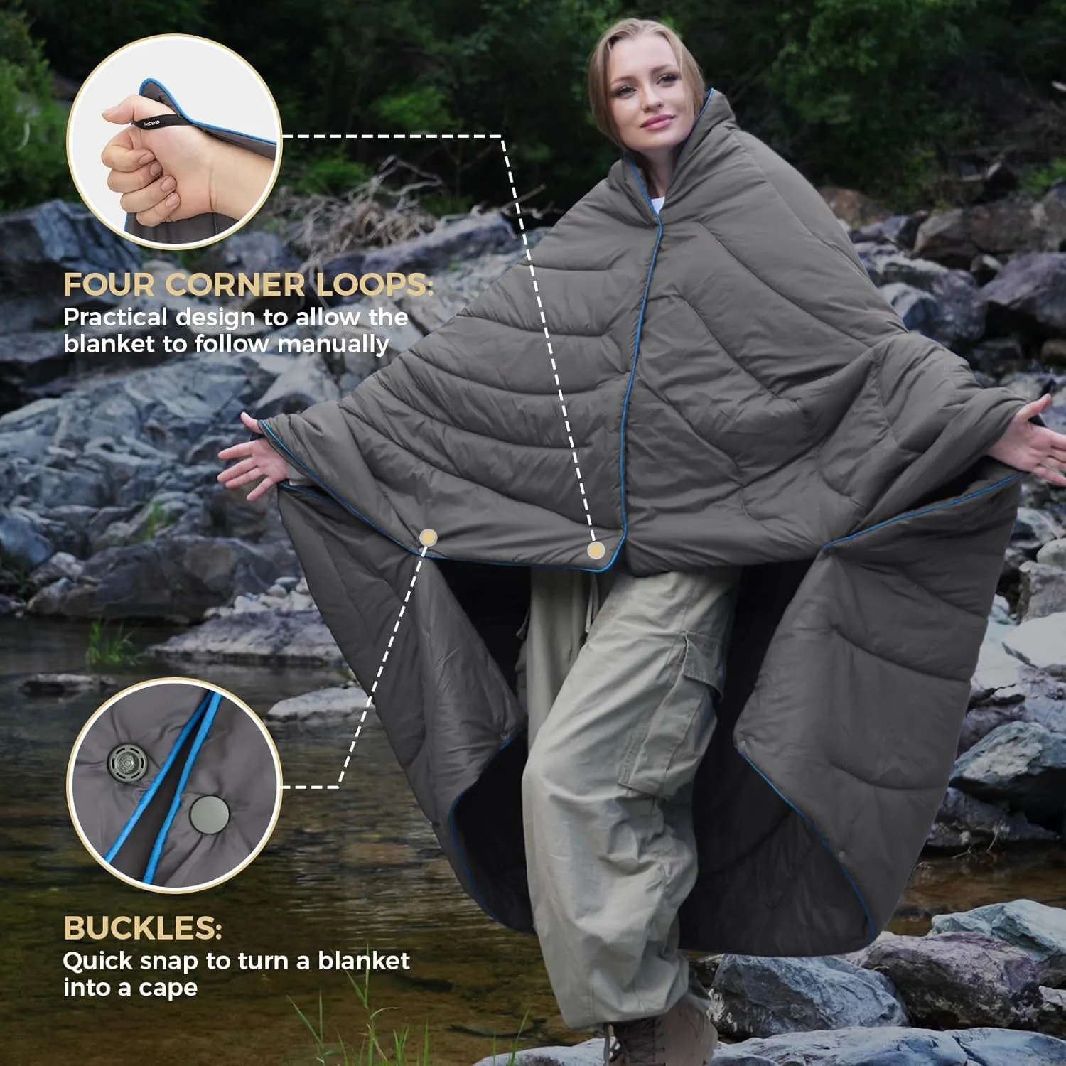KingCamp Lightweight Camping Blanket Adoption150g/m² Shaped Cotton, Multifunctional Camping Blanket with Snap Button,Waterproof Blanket for Traveling Cold Weather, 69 x 53 inches, Gray