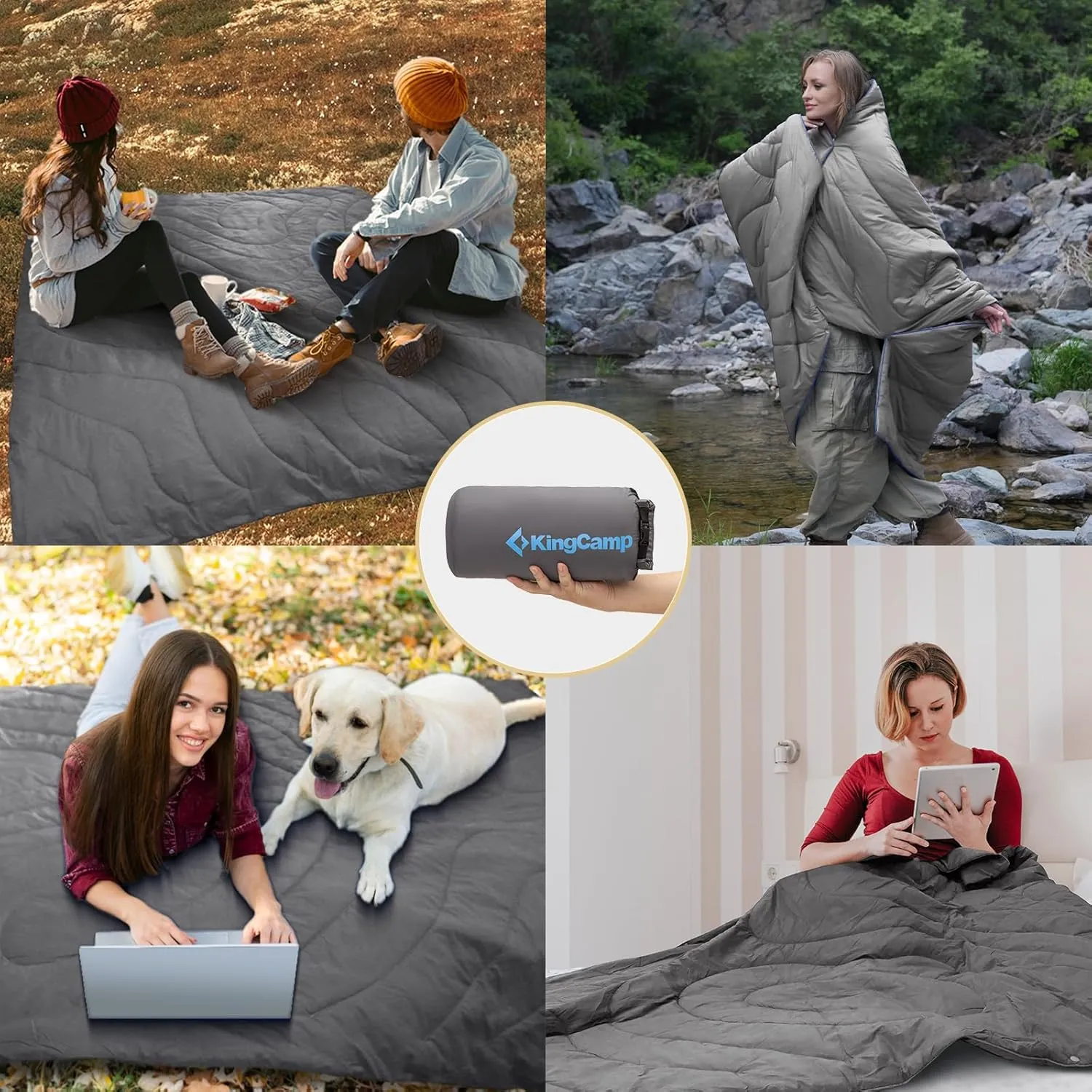 KingCamp Lightweight Camping Blanket Adoption150g/m² Shaped Cotton, Multifunctional Camping Blanket with Snap Button,Waterproof Blanket for Traveling Cold Weather, 69 x 53 inches, Gray