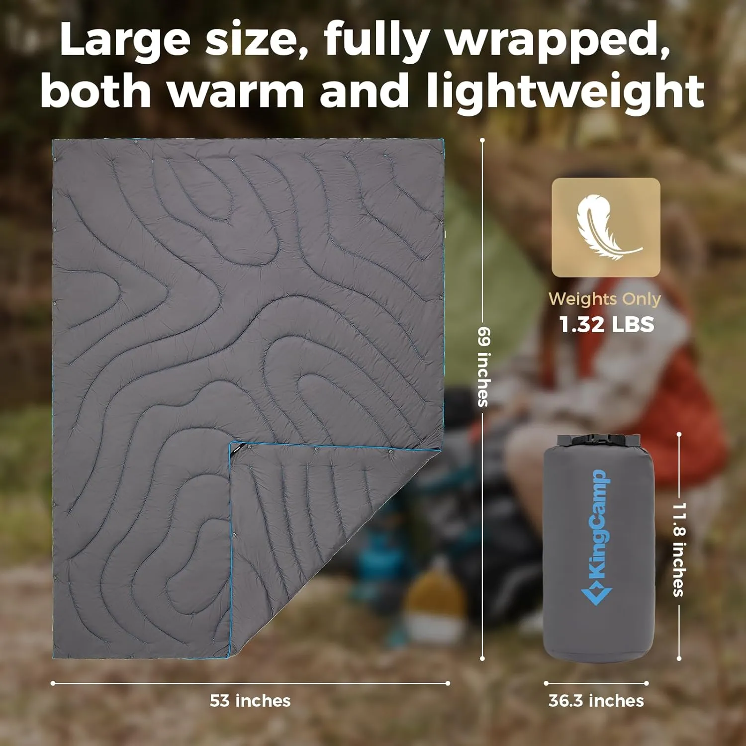 KingCamp Lightweight Camping Blanket Adoption150g/m² Shaped Cotton, Multifunctional Camping Blanket with Snap Button,Waterproof Blanket for Traveling Cold Weather, 69 x 53 inches, Gray