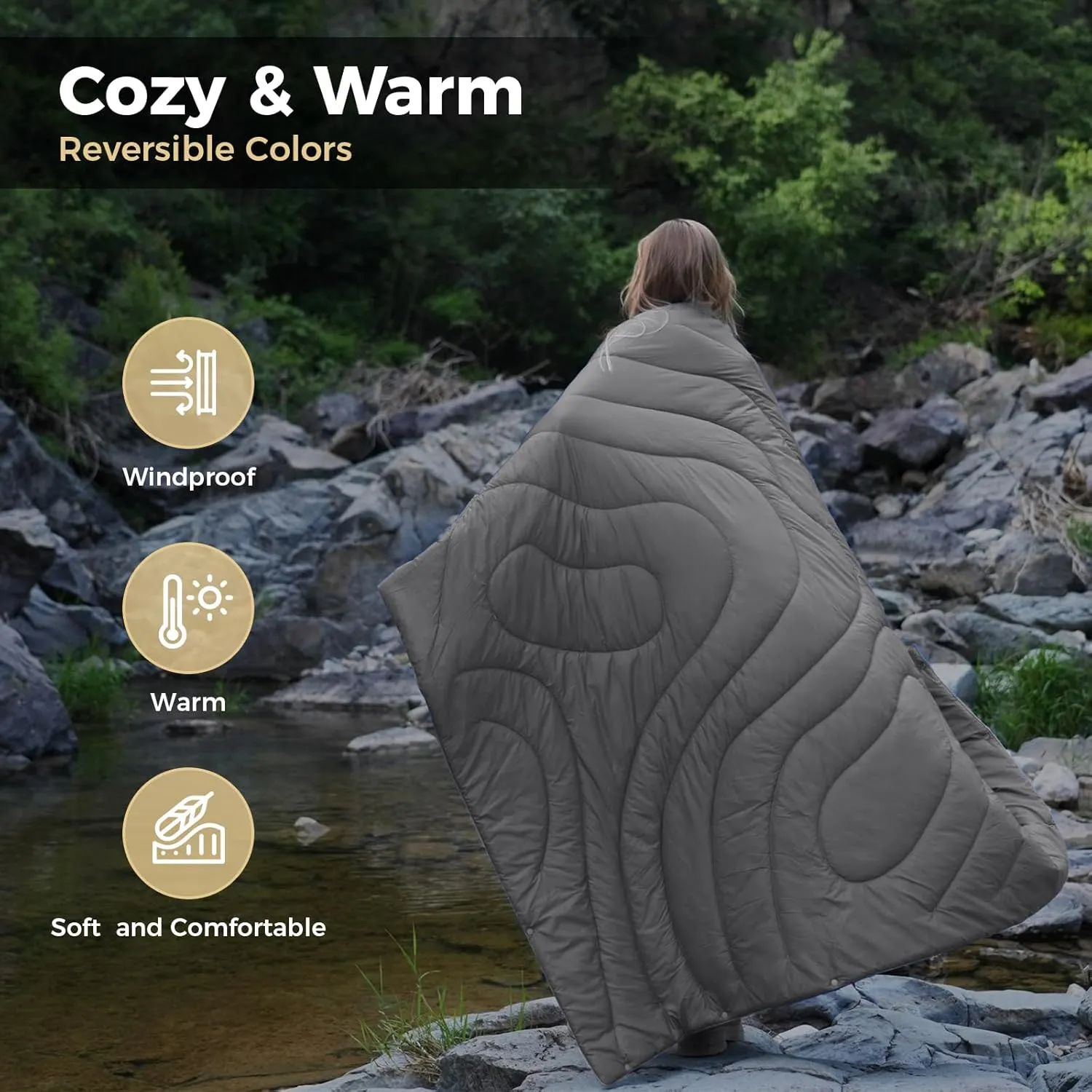 KingCamp Lightweight Camping Blanket Adoption150g/m² Shaped Cotton, Multifunctional Camping Blanket with Snap Button,Waterproof Blanket for Traveling Cold Weather, 69 x 53 inches, Gray