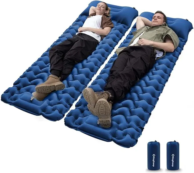 KingCamp Sleeping Pads for Camping, Self Inflating Camping Mattress with Built-in Foot Pump, Connectable Durable Inflatable Sleeping Mat with Pillow, Compact Camping Air Mattress for Camping Hiking