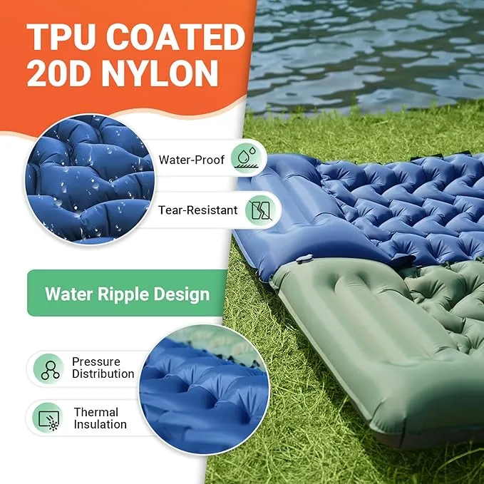 KingCamp Sleeping Pads for Camping, Self Inflating Camping Mattress with Built-in Foot Pump, Connectable Durable Inflatable Sleeping Mat with Pillow, Compact Camping Air Mattress for Camping Hiking