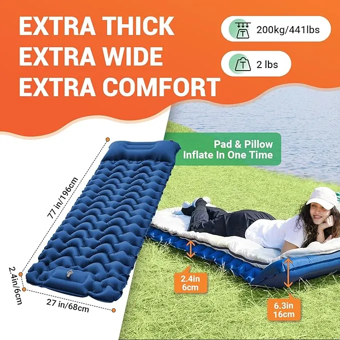 KingCamp Sleeping Pads for Camping, Self Inflating Camping Mattress with Built-in Foot Pump, Connectable Durable Inflatable Sleeping Mat with Pillow, Compact Camping Air Mattress for Camping Hiking
