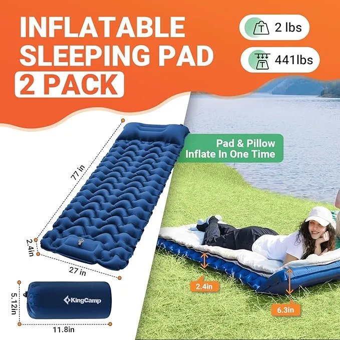 KingCamp Sleeping Pads for Camping, Self Inflating Camping Mattress with Built-in Foot Pump, Connectable Durable Inflatable Sleeping Mat with Pillow, Compact Camping Air Mattress for Camping Hiking