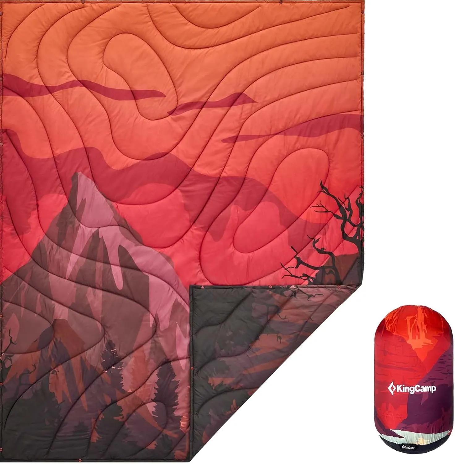 KingCamp Ultralight Camping Blanket, Packable Down Alternative Puffy Printed Wearable Blanket with Snap Buttons & Corner Loops, Weatherproof Quilt for Outdoor Travel Stadium (79" L x 57" W, Rosered)