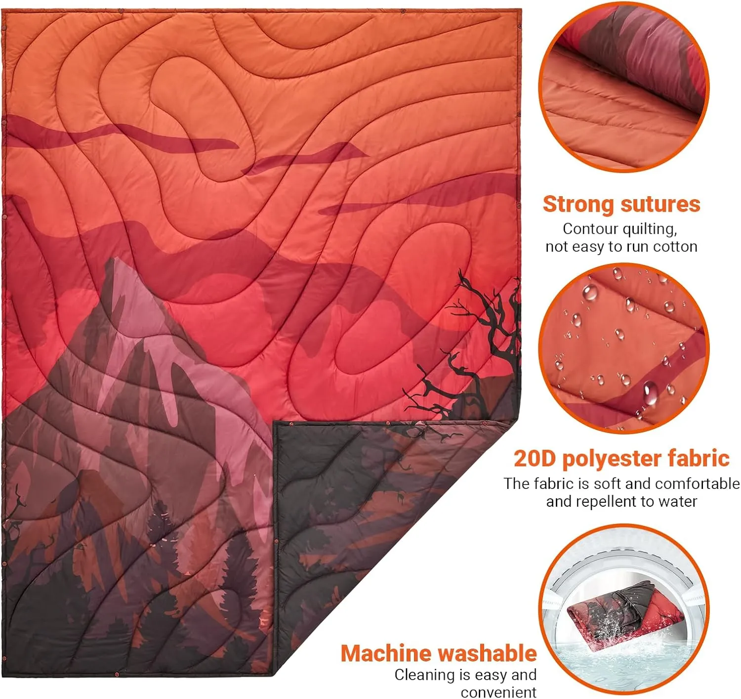 KingCamp Ultralight Camping Blanket, Packable Down Alternative Puffy Printed Wearable Blanket with Snap Buttons & Corner Loops, Weatherproof Quilt for Outdoor Travel Stadium (79" L x 57" W, Rosered)