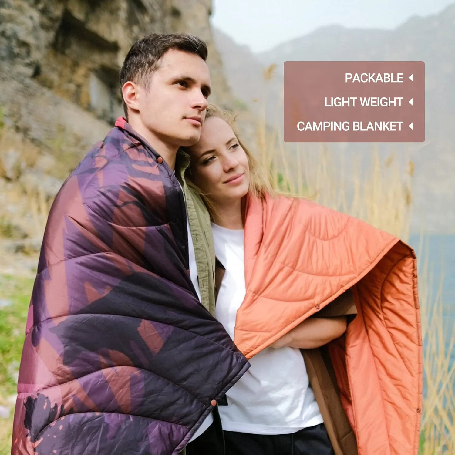 KingCamp Ultralight Camping Blanket, Packable Down Alternative Puffy Printed Wearable Blanket with Snap Buttons & Corner Loops, Weatherproof Quilt for Outdoor Travel Stadium (79" L x 57" W, Rosered)