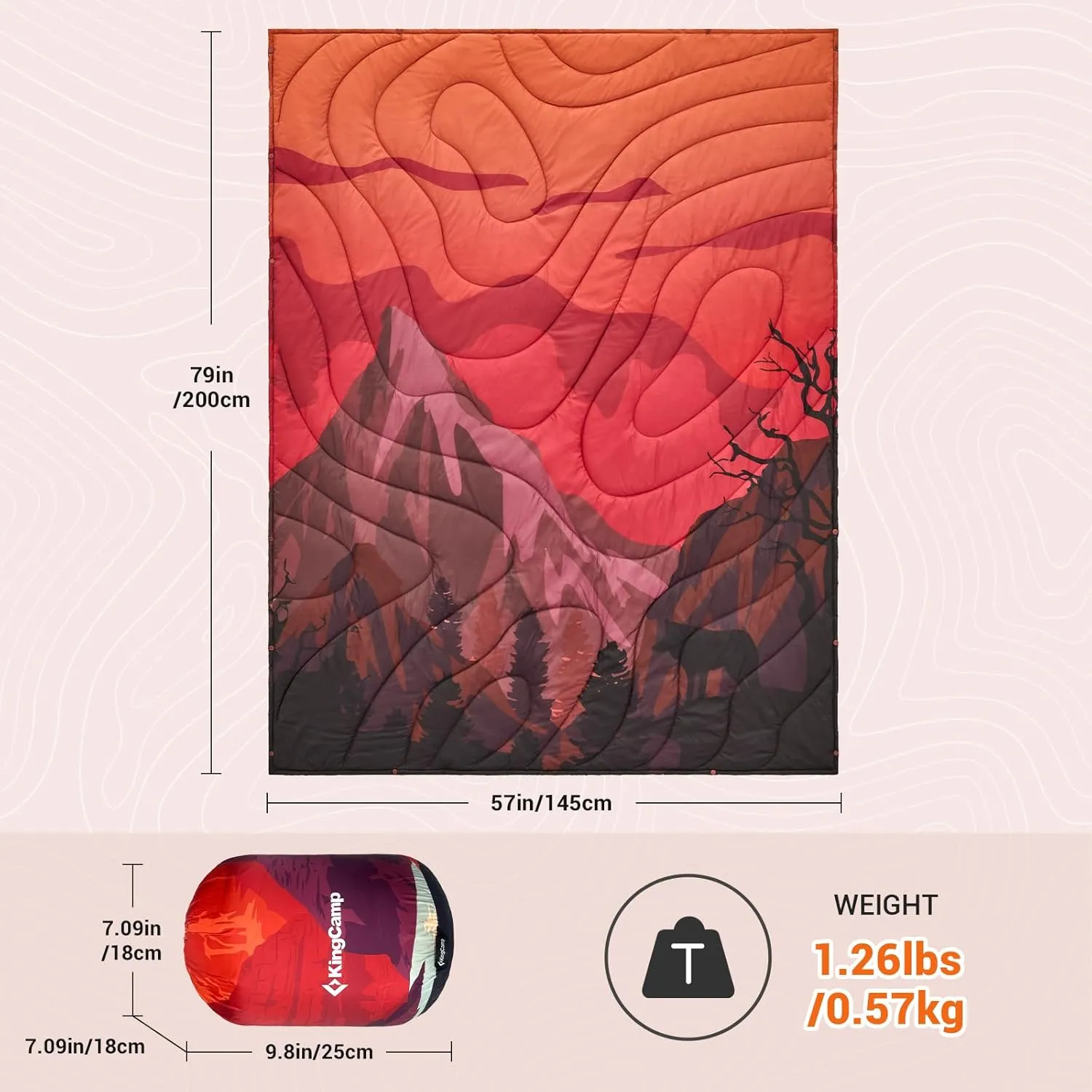 KingCamp Ultralight Camping Blanket, Packable Down Alternative Puffy Printed Wearable Blanket with Snap Buttons & Corner Loops, Weatherproof Quilt for Outdoor Travel Stadium (79" L x 57" W, Rosered)