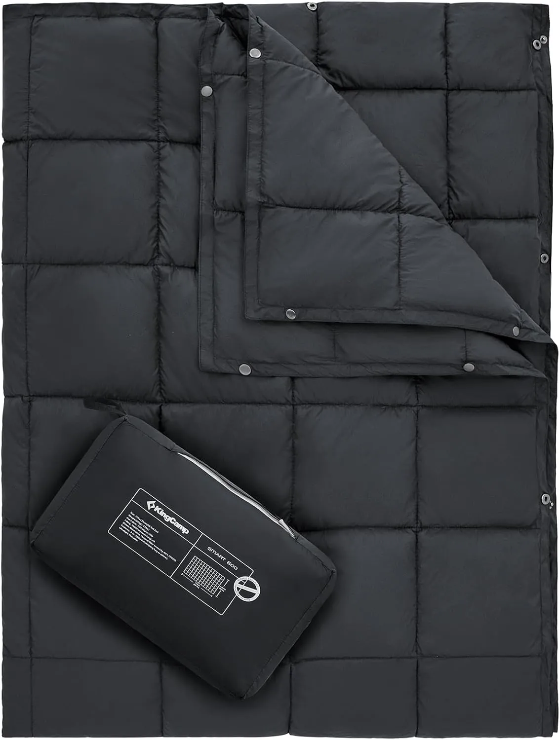KingCamp Ultralight Camping Blanket, Packable Down Alternative Puffy Wearable Blankets Weatherproof Warm Package Quilt with Snap Buttons for Outdoor Hiking Travel Picnic Stadium (69"L x 53"W, BLACK)