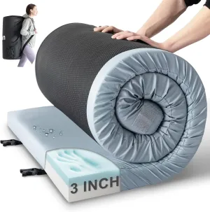 Kingfun Memory Foam Camping Sleeping Pad, CertiPUR-US Camping Mattress Waterproof Roll Up Mattress Guest Bed, Thick Floor Sleeping Mat for Car Truck Tent for Adults with Travel Bag