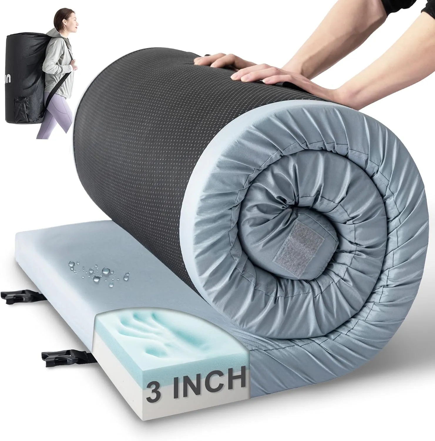 Kingfun Memory Foam Camping Sleeping Pad, CertiPUR-US Camping Mattress Waterproof Roll Up Mattress Guest Bed, Thick Floor Sleeping Mat for Car Truck Tent for Adults with Travel Bag