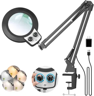 KIRKAS 10X Magnifying Glass with Light, KIRKAS Any Color Modes & Stepless Dimming LED Magnifying Lamp with Clamp, Hands Free Lighted Magnifier Glass Lens for Crafts Hobby Reading Painting Close Work