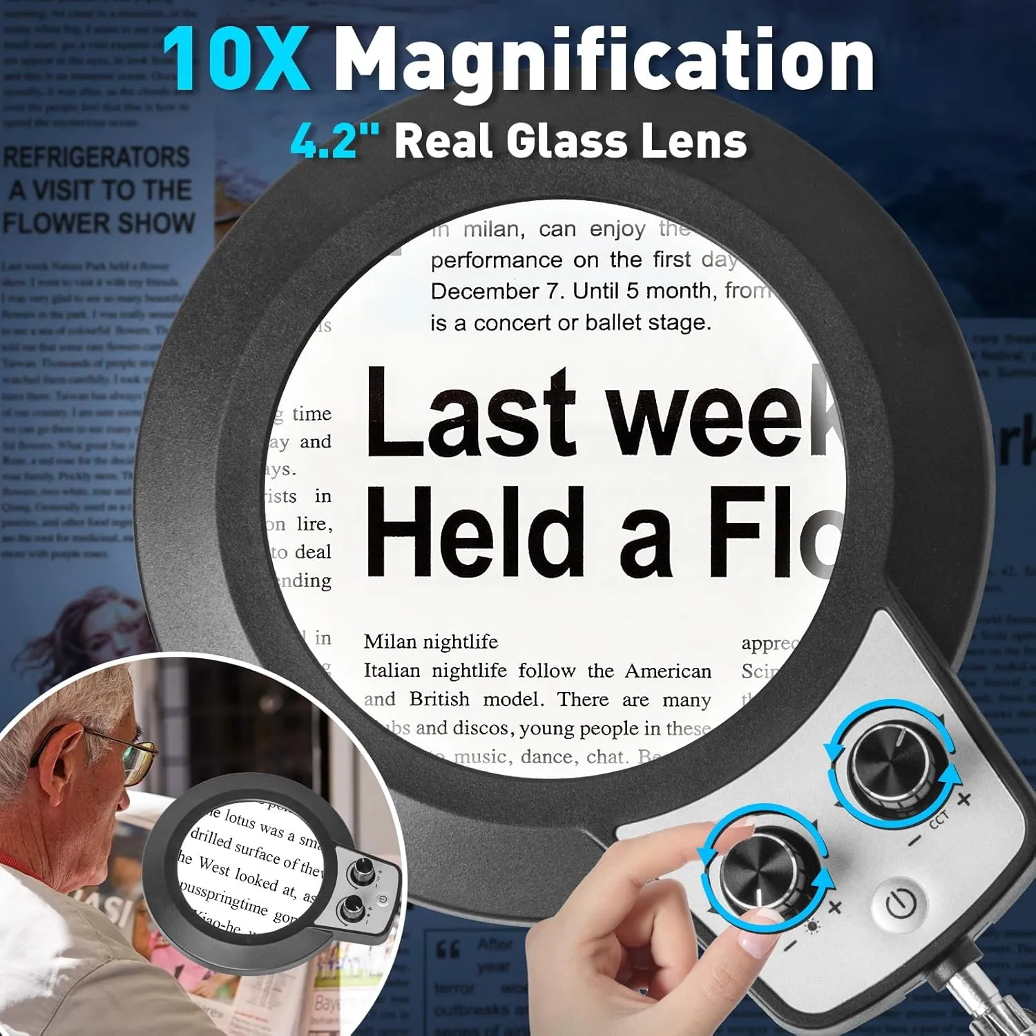 KIRKAS 10X Magnifying Glass with Light, KIRKAS Any Color Modes & Stepless Dimming LED Magnifying Lamp with Clamp, Hands Free Lighted Magnifier Glass Lens for Crafts Hobby Reading Painting Close Work