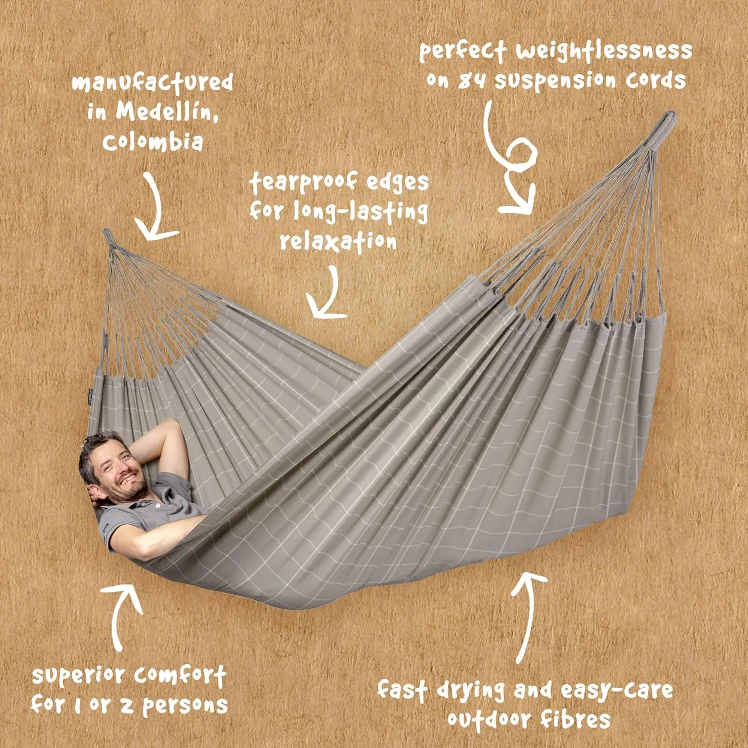 LA Siesta Brisa Classic Hammock, Handmade, Weather-Resistant, Tear-Resistant Hammock for Indoor & Outdoor Relaxation, Size-Double - Almond
