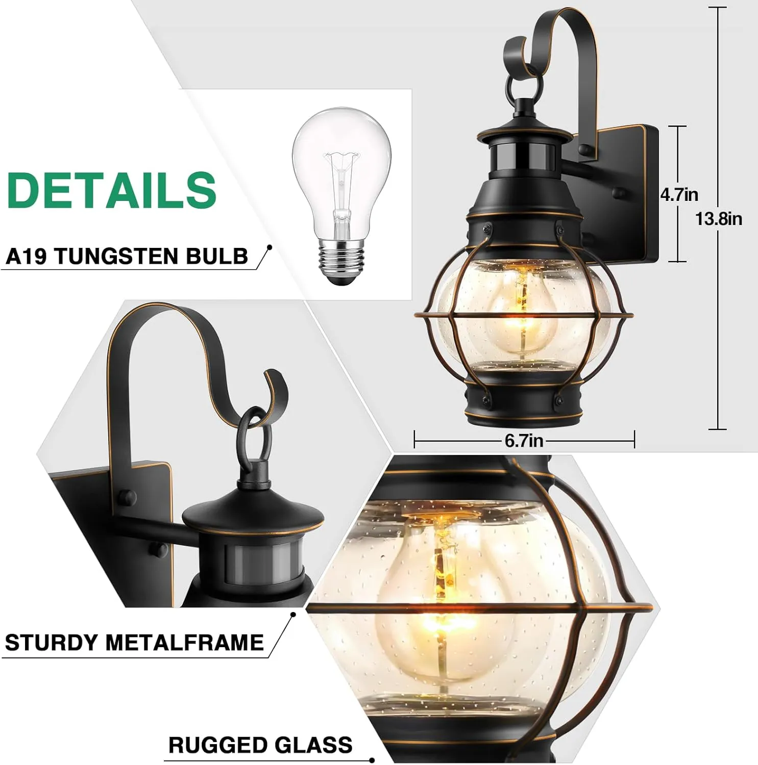 Lamomo Black with Golden Strip Outdoor Light,Exterior Front Porch Lights for House,Dusk to Dawn Motion Sensor Lights,Waterproof Anti-Rust Wall Mount Lantern for Outside,Garage(NO Bulb)