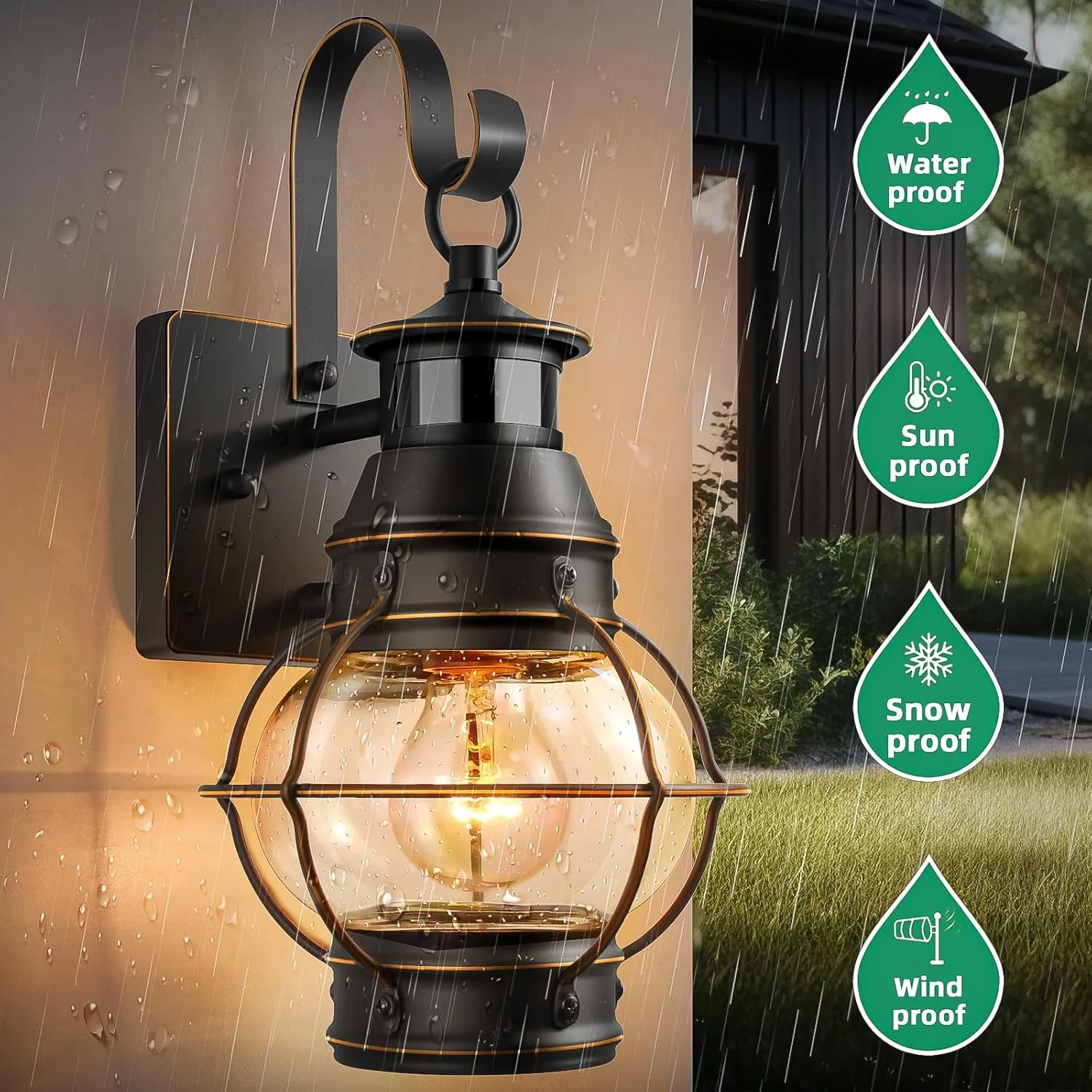 Lamomo Black with Golden Strip Outdoor Light,Exterior Front Porch Lights for House,Dusk to Dawn Motion Sensor Lights,Waterproof Anti-Rust Wall Mount Lantern for Outside,Garage(NO Bulb)