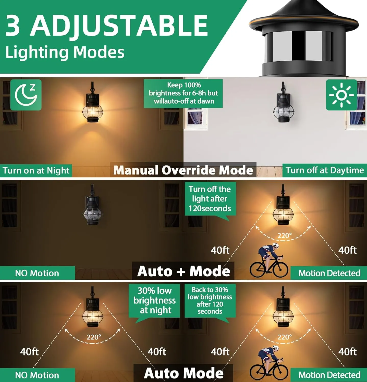 Lamomo Black with Golden Strip Outdoor Light,Exterior Front Porch Lights for House,Dusk to Dawn Motion Sensor Lights,Waterproof Anti-Rust Wall Mount Lantern for Outside,Garage(NO Bulb)