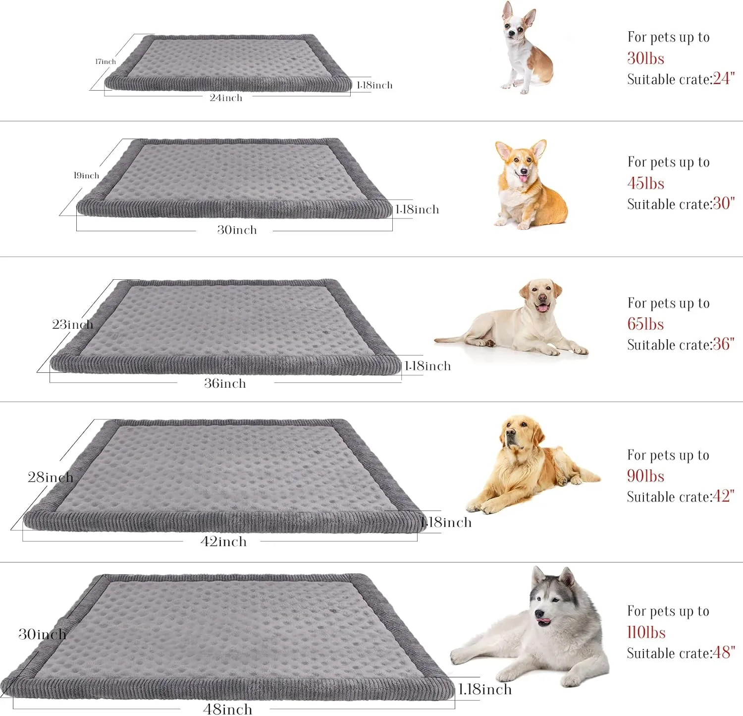 Large Dog Crate Pad 36 inch Gray Memory Foam Dog Kennel Bed Soft Flannel Washable Anti Slip Puppy Sleeping Mat,Grey