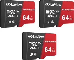 LaView 64GB Micro SD Card 3 Pack, Micro SDXC UHS-I Memory Card – 95MB/s,633X,U3,C10, Full HD Video V30, A1, FAT32, High Speed Flash TF Card P500 for Computer with Adapter/Phone/Tablet/PC