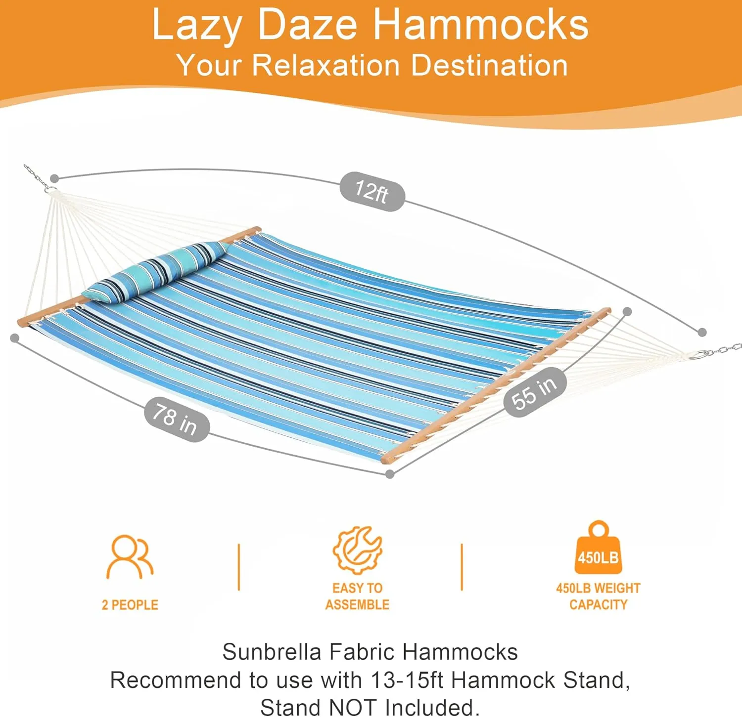 Lazy Daze 12 FT Sunbrella Fabric Hammock with Spreader Bars and Free Pillow Fits for Two Persons, All Weather and Fade Resistant for Patio Yard, 450 lbs Weight Capacity, Dolce Oasis