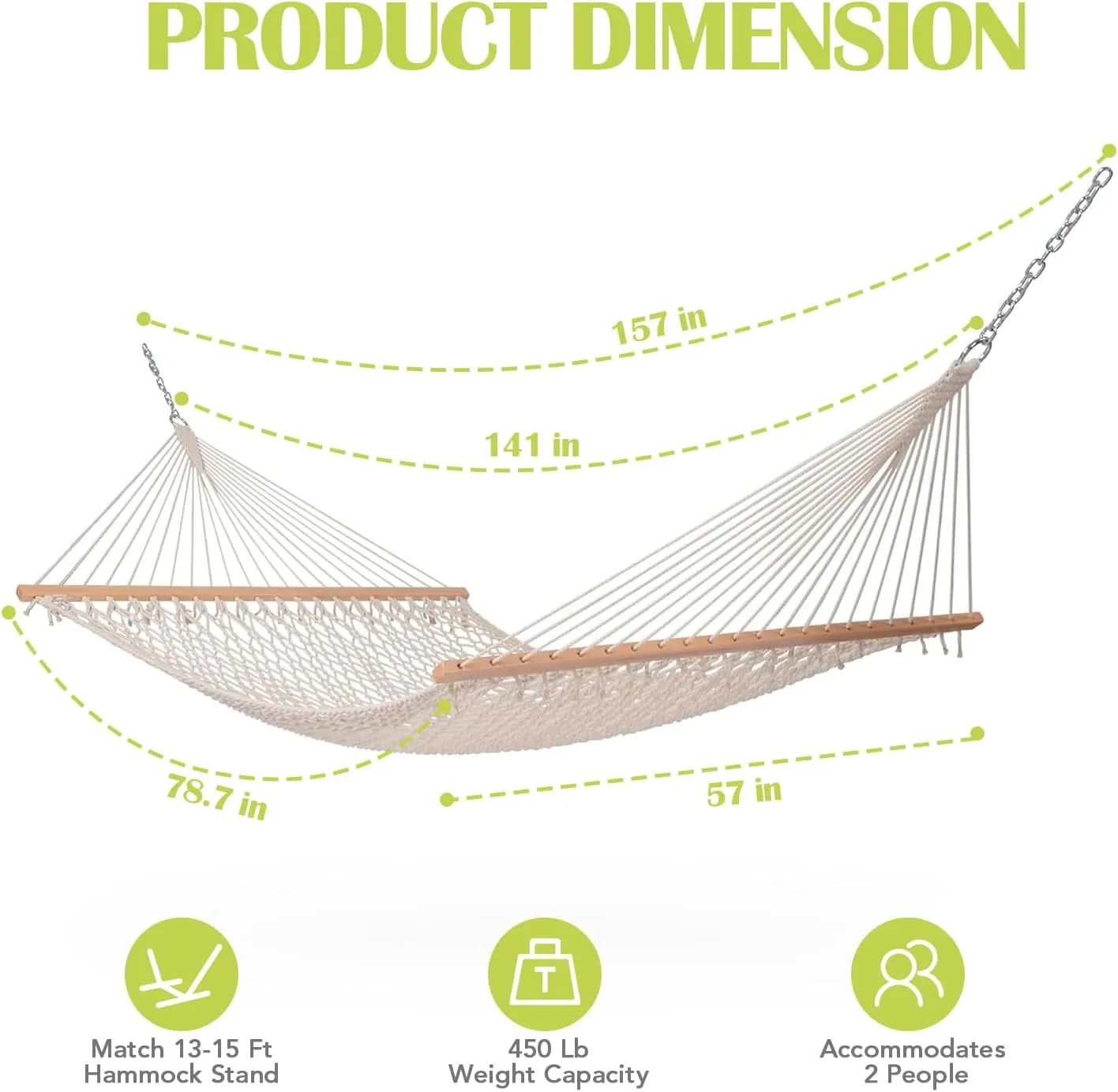 Lazy Daze Hammocks 12FT Double Rope Hammocks, Hand Woven Cotton Hammock with Pillow & Spreader Bar for Outside, Patio, Poolside, FIT 13-15 Foot Stand, Max 450 Lbs, Natural, 141 x 57 inches