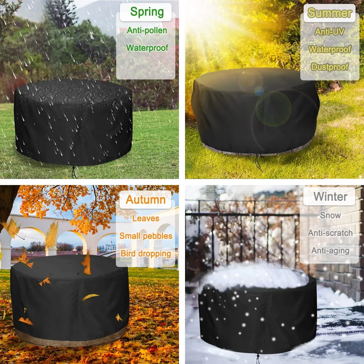 LBTING Fire Pit Cover, 48 inch Cover for 45-48 inch Round Firepit, Waterproof Windproof Dustproof UV-Resistant Heavy Duty Cover for Outdoor Patio Firepit Table - Black