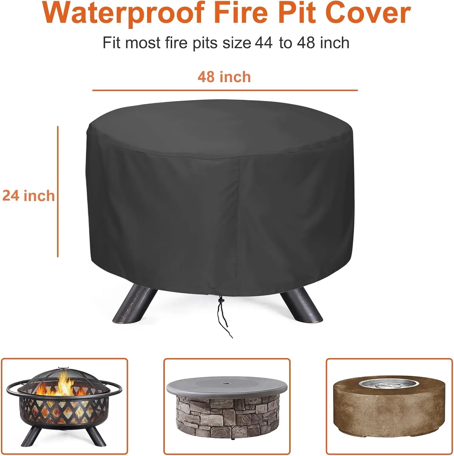 LBTING Fire Pit Cover, 48 inch Cover for 45-48 inch Round Firepit, Waterproof Windproof Dustproof UV-Resistant Heavy Duty Cover for Outdoor Patio Firepit Table - Black