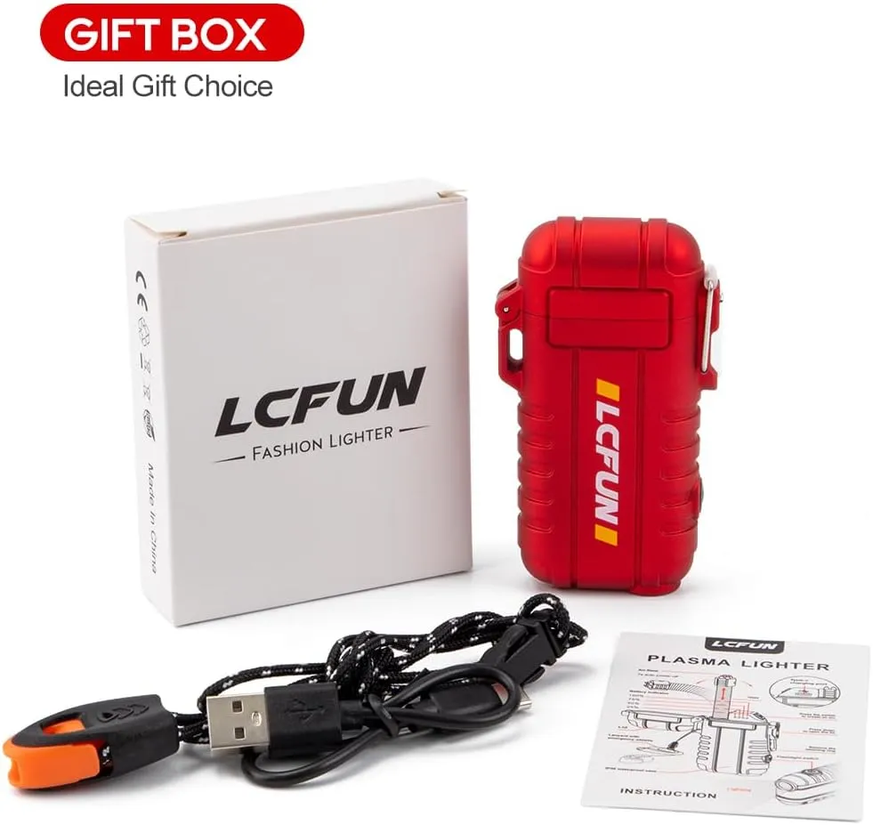 LcFun Electric Dual Arc Lighter USB Rechargeable, Windproof Plasma Lighters with LED Battery Indicator, Waterproof Flashlight Lighter with Whistle Lanyard for Camping, Survival Gear Gifts for Men