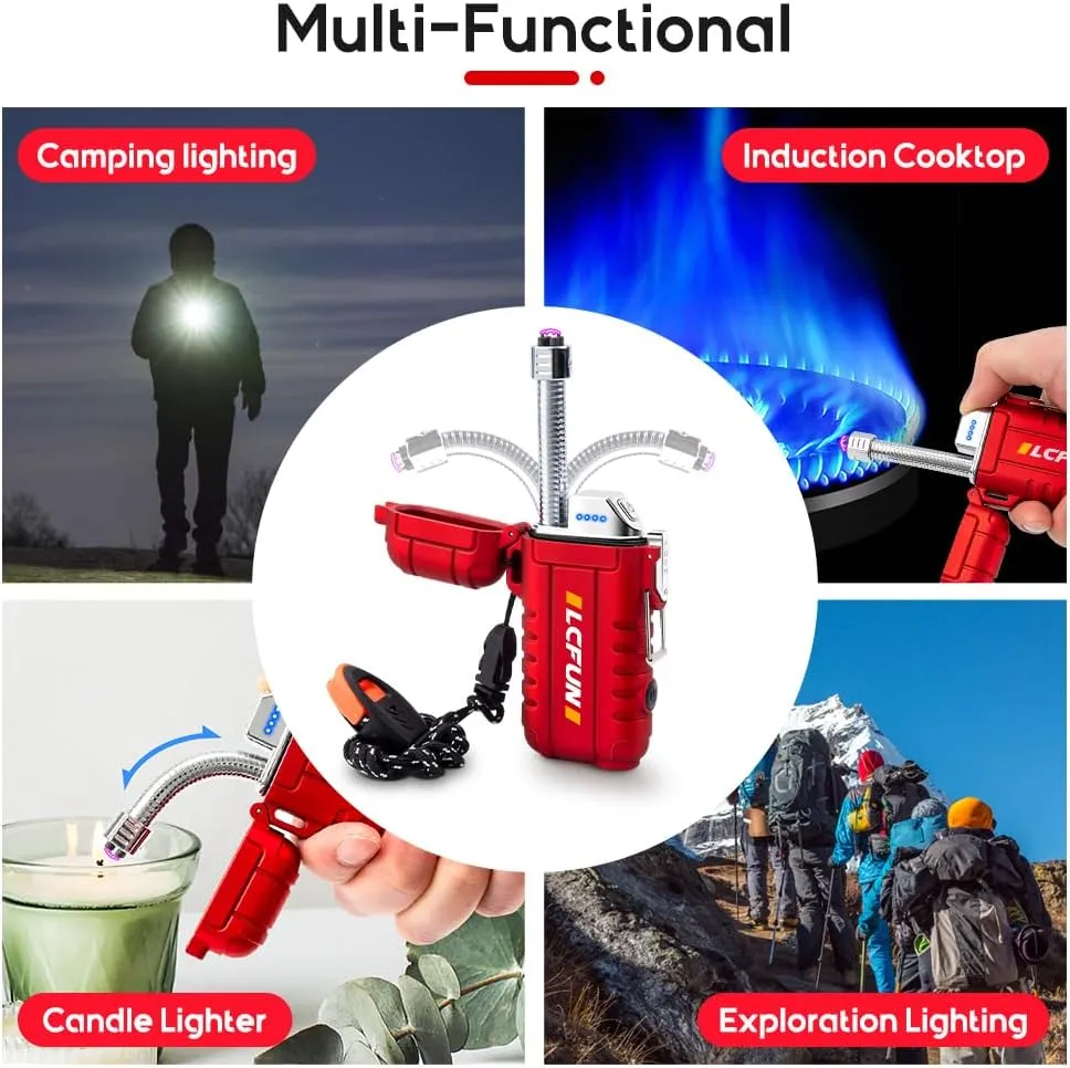 LcFun Electric Dual Arc Lighter USB Rechargeable, Windproof Plasma Lighters with LED Battery Indicator, Waterproof Flashlight Lighter with Whistle Lanyard for Camping, Survival Gear Gifts for Men