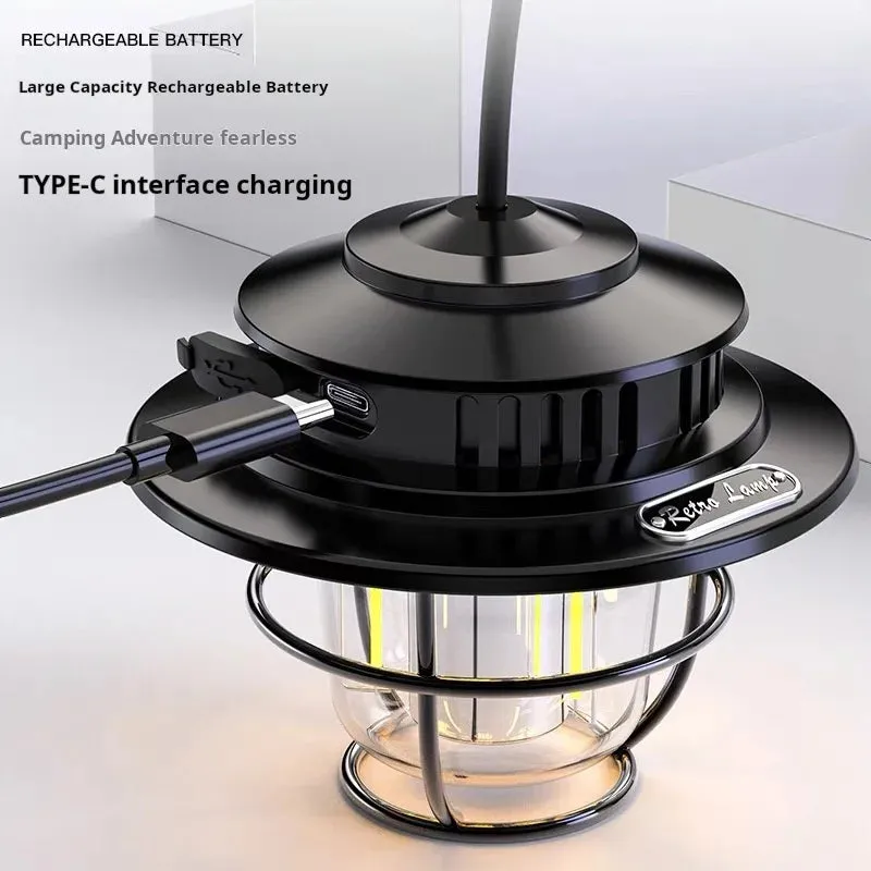 LED Camping Lamp Retro Hanging Lamp Portable Stepless Dimming Camping Light Waterproof Rechargeable Outdoor Light Lantern