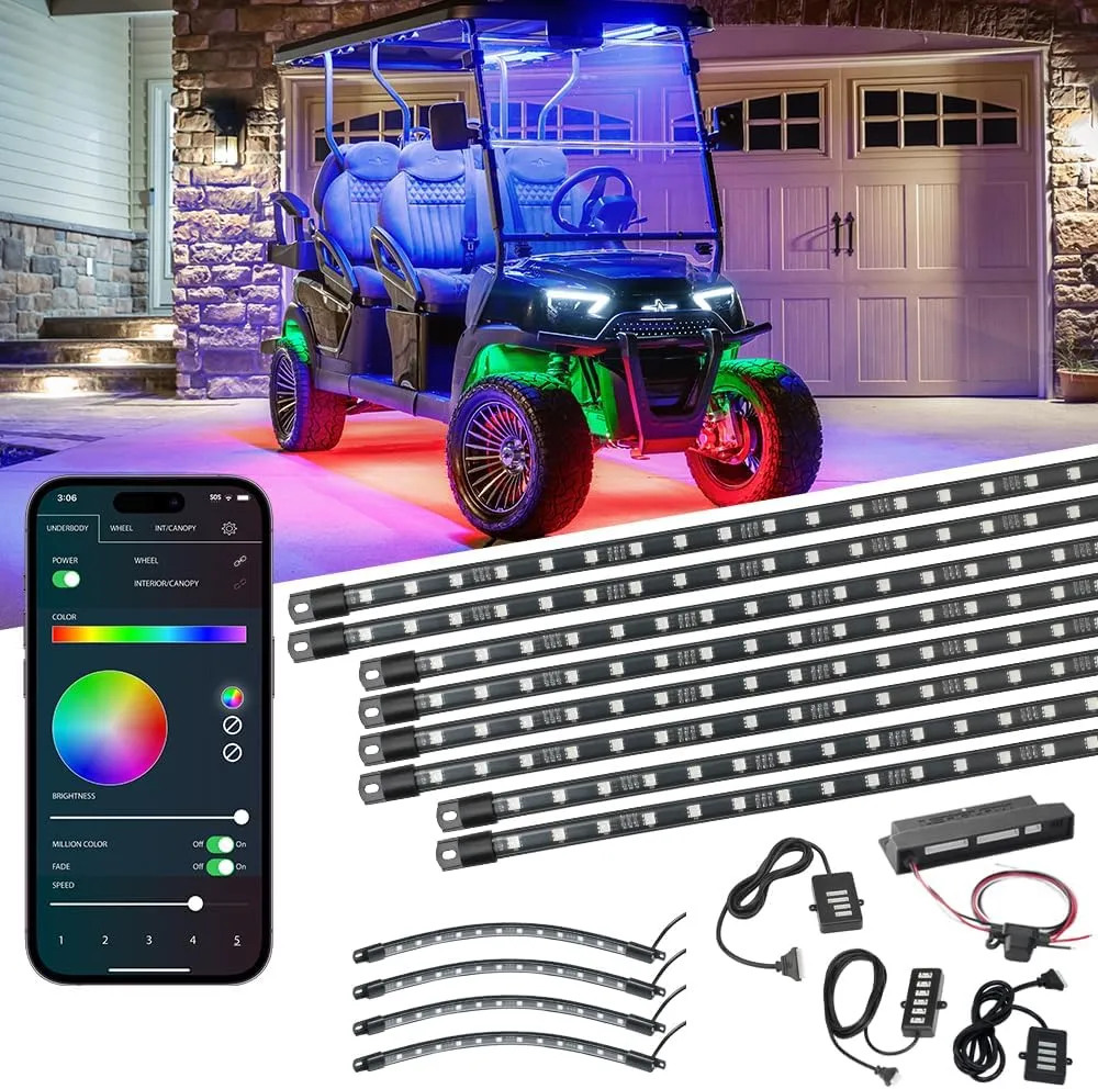 LEDGlow 12pc Bluetooth Million Color LED 6-Seater Golf Cart Underglow Accent Neon Lighting Kit with Canopy & Wheel Well Lights - Smartphone App - Fits 12-Volt Powered Stretch Limo Golf Carts
