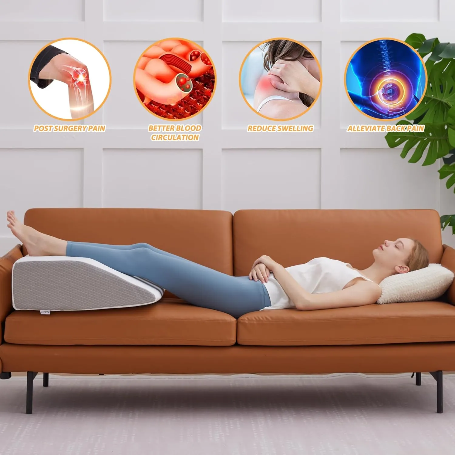 Leg Pillow, 8inch Leg Elevating Pillow for After Surgery, Blood Circulation, Leg Wedge Pillow for Side Sleeping, Leg Rest for Swelling, Cooling Gel Memory Foam Top, White/Grey