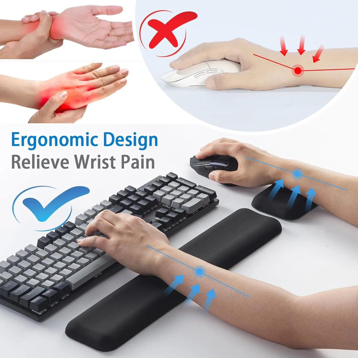 Leolee Keyboard and Mouse Wrist Rest Set for Computer, Black Ergonomic Keyboard Pad Wrist Support, Wrist Rest with Memory Foam Non-Slip Base for Pain Relief, Easy Typing, Gaming, Office（Glossy）