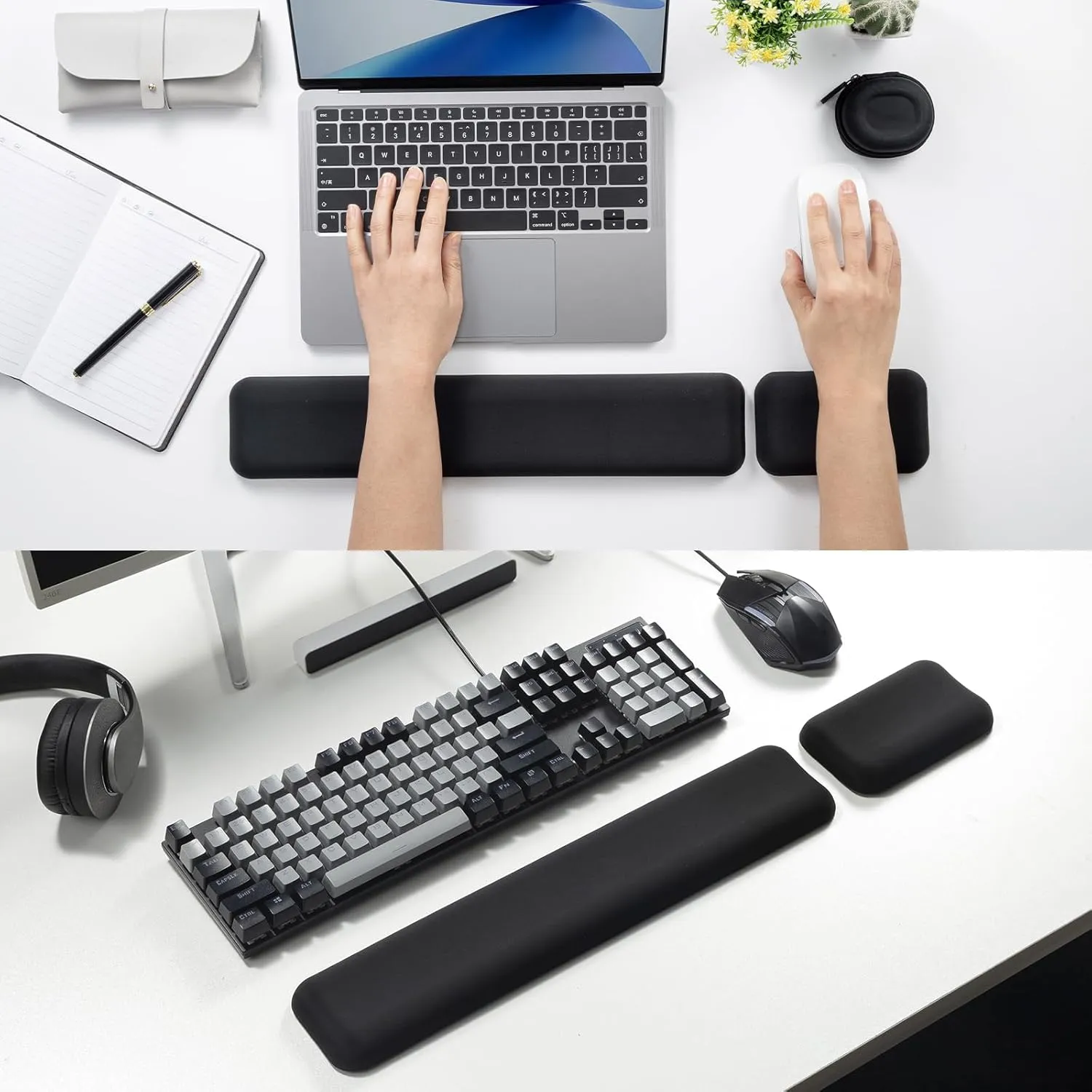 Leolee Keyboard and Mouse Wrist Rest Set for Computer, Black Ergonomic Keyboard Pad Wrist Support, Wrist Rest with Memory Foam Non-Slip Base for Pain Relief, Easy Typing, Gaming, Office（Glossy）