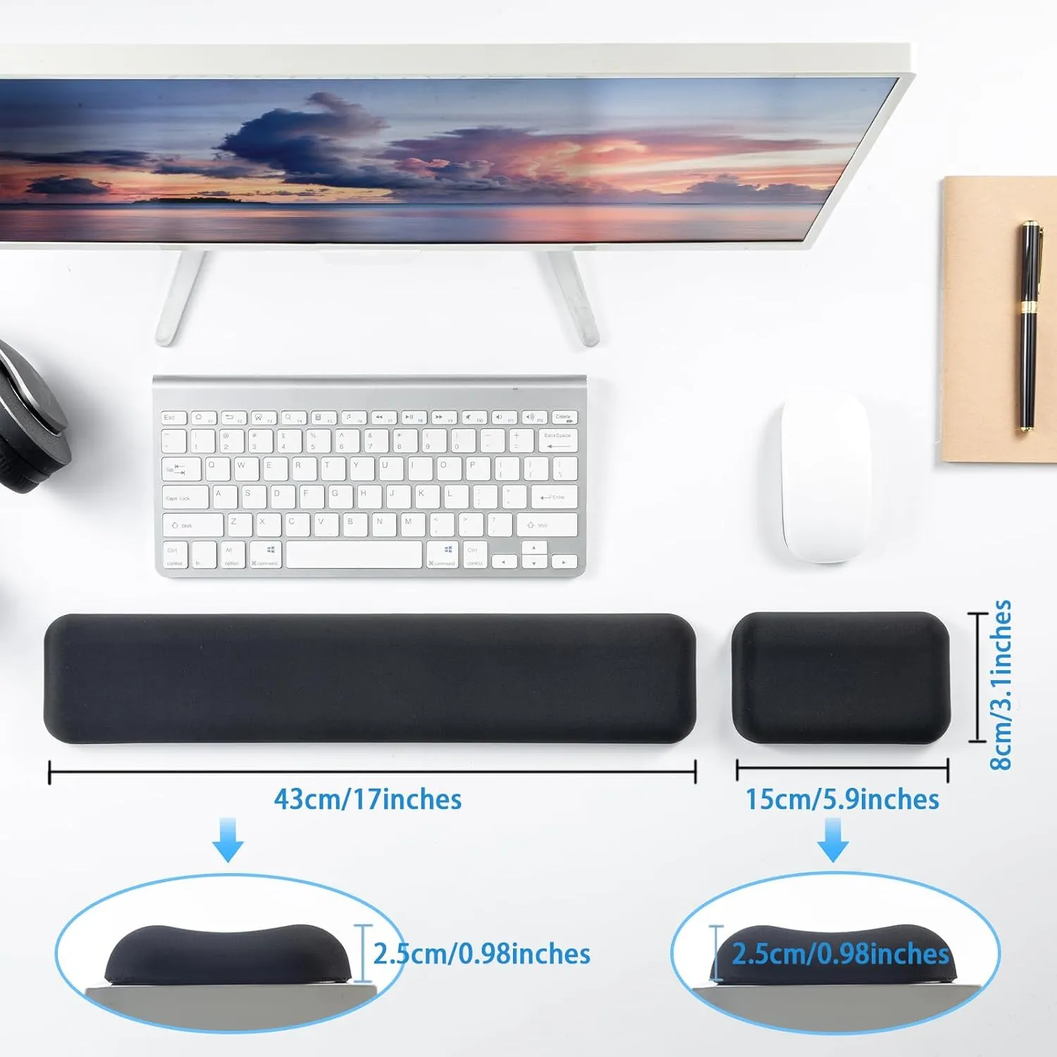 Leolee Keyboard and Mouse Wrist Rest Set for Computer, Black Ergonomic Keyboard Pad Wrist Support, Wrist Rest with Memory Foam Non-Slip Base for Pain Relief, Easy Typing, Gaming, Office（Glossy）