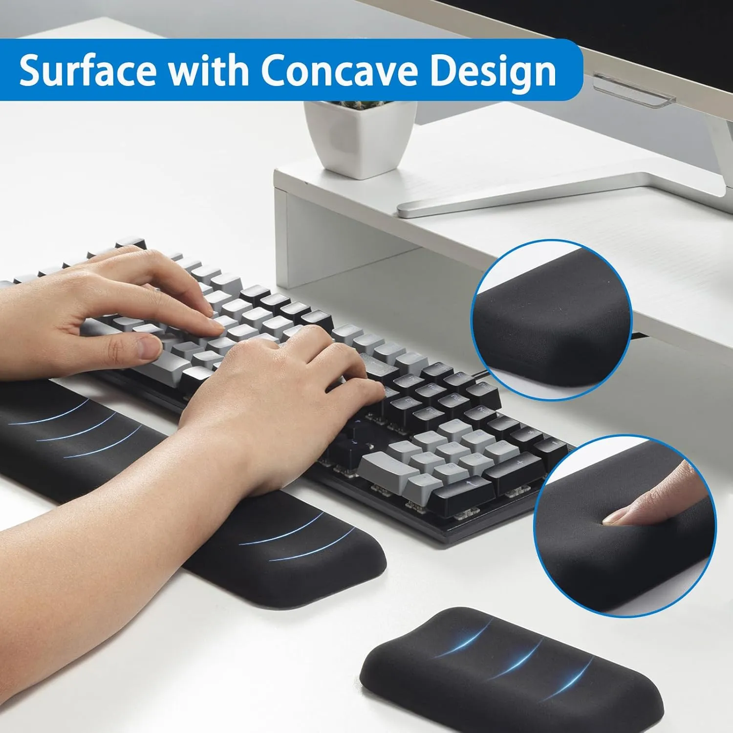 Leolee Keyboard and Mouse Wrist Rest Set for Computer, Black Ergonomic Keyboard Pad Wrist Support, Wrist Rest with Memory Foam Non-Slip Base for Pain Relief, Easy Typing, Gaming, Office（Glossy）