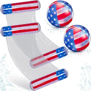 Lewtemi 4pcs 4th of July Inflatable Pool Float Set with 2 Pcs Patriotic USA Flag Fun Lounger 2 Pcs Patriotic Beach Ball Filled with Sparkle Stars for Summer Beach Independence Day Party Decor