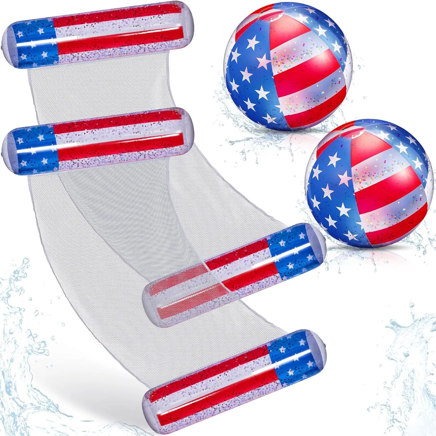 Lewtemi 4pcs 4th of July Inflatable Pool Float Set with 2 Pcs Patriotic USA Flag Fun Lounger 2 Pcs Patriotic Beach Ball Filled with Sparkle Stars for Summer Beach Independence Day Party Decor