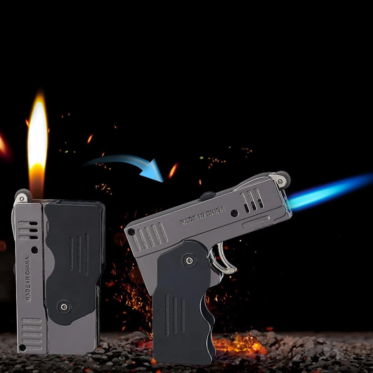 Lighter Refillable Gas Soft Flame Jet Flame Double Fire Windproof Metal Foldable (Without Fuel)(B)
