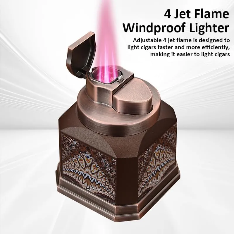 Lighters Cigar Lighter 4 Torch Jet Flame, Desktop Quad Flame Butane Lighter, Refillable and Adjustable Windproof Lighter Gift for Men Women (Brown)