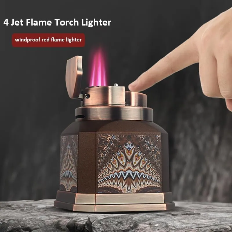 Lighters Cigar Lighter 4 Torch Jet Flame, Desktop Quad Flame Butane Lighter, Refillable and Adjustable Windproof Lighter Gift for Men Women (Brown)