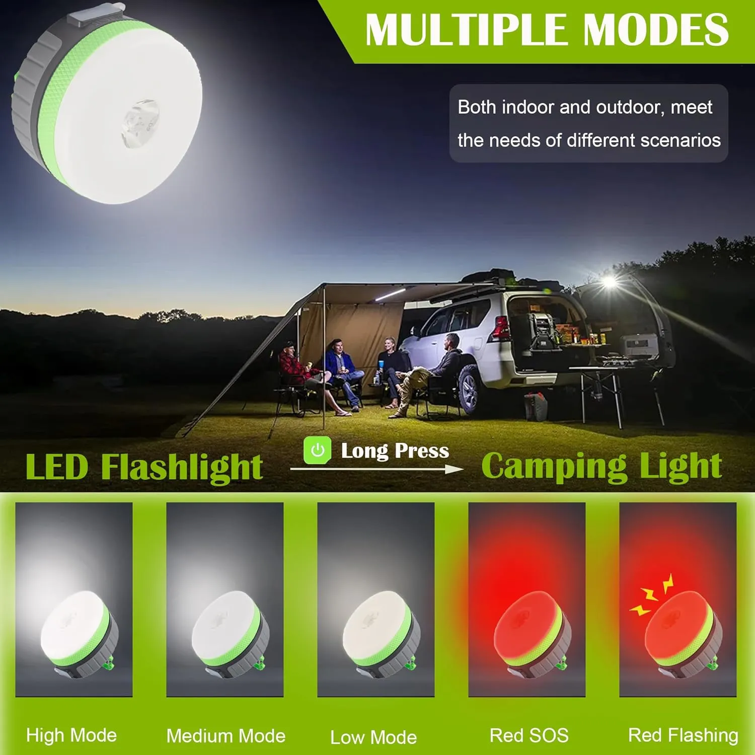 LIT-PaTH LED Camping Lantern, Rechargeable Light with Magnet Base, 2200 mAh, Survival Kit for Emergency, Hurricane, Outage, Medium Green, 2 Pack
