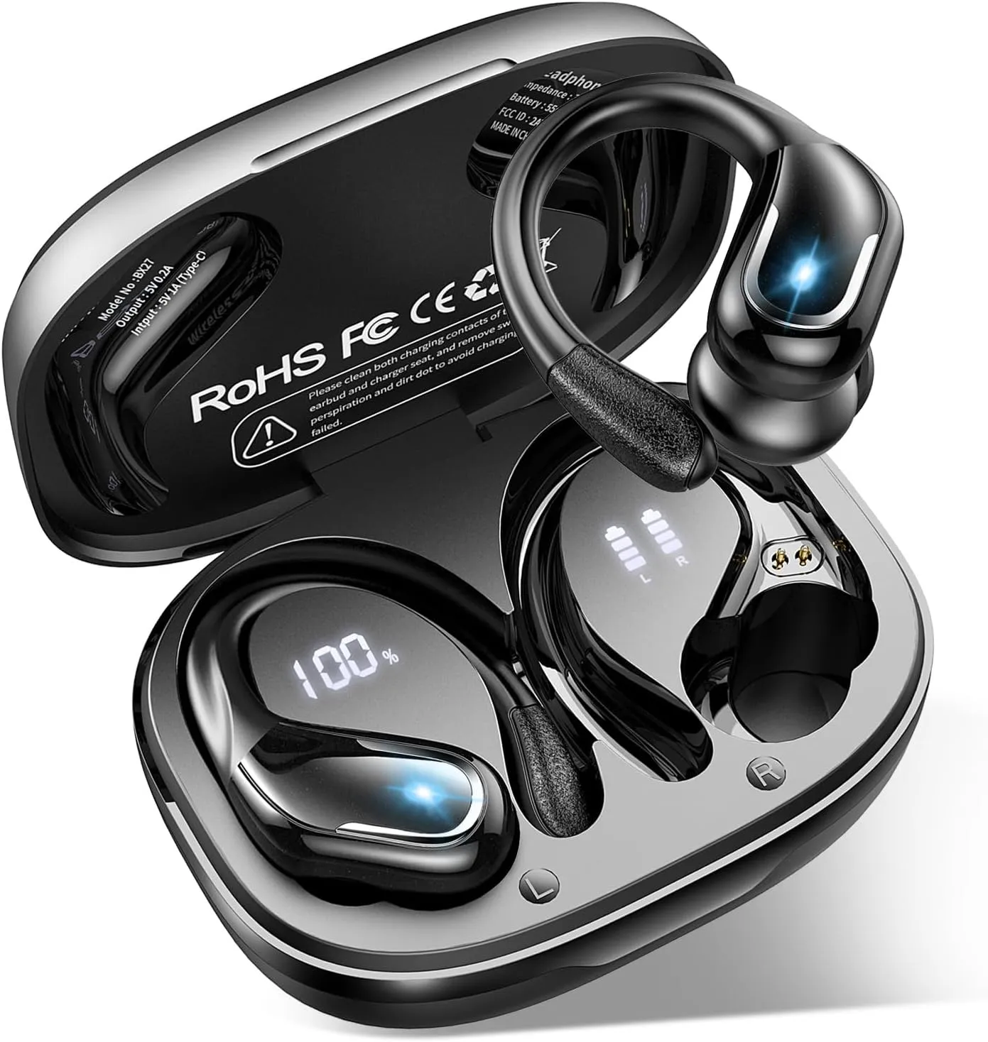 Ltinist Wireless Earbud, Bluetooth 5.3 Headphones Pure Bass Sound with Earhooks, 75H Battery Over Ear Headphones with Dual-LED Display, IP7 Waterproof Earphones Built-in Microphone for Running Sports