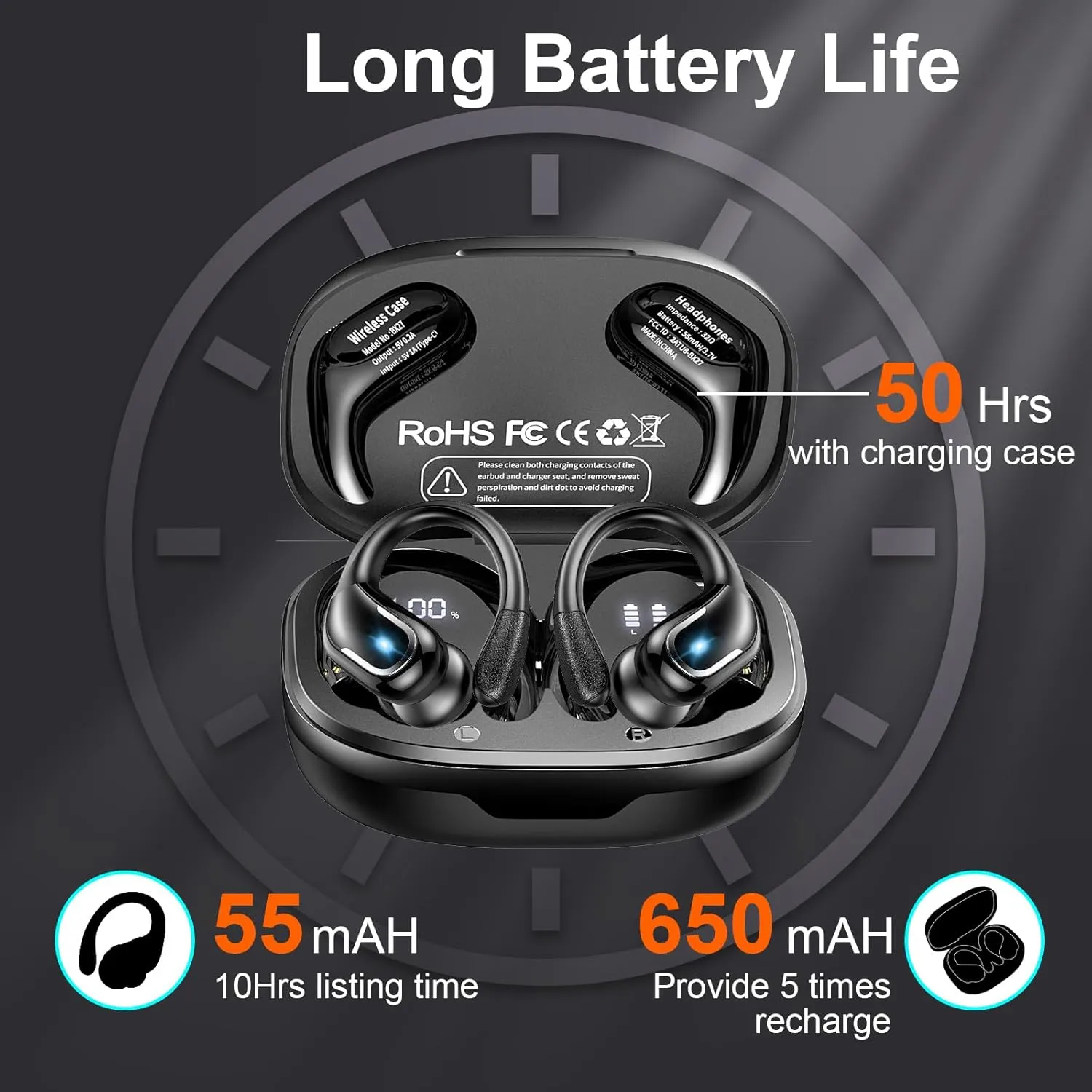 Ltinist Wireless Earbud, Bluetooth 5.3 Headphones Pure Bass Sound with Earhooks, 75H Battery Over Ear Headphones with Dual-LED Display, IP7 Waterproof Earphones Built-in Microphone for Running Sports
