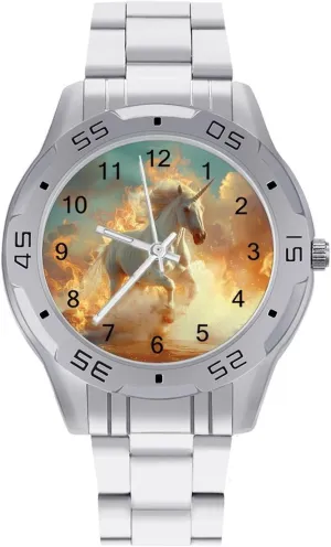 Magical Unicorm Running On Fire Simple Stainless Steel Band Business Watch Dress Wrist Unique Luxury Work Casual Waterproof Watches
