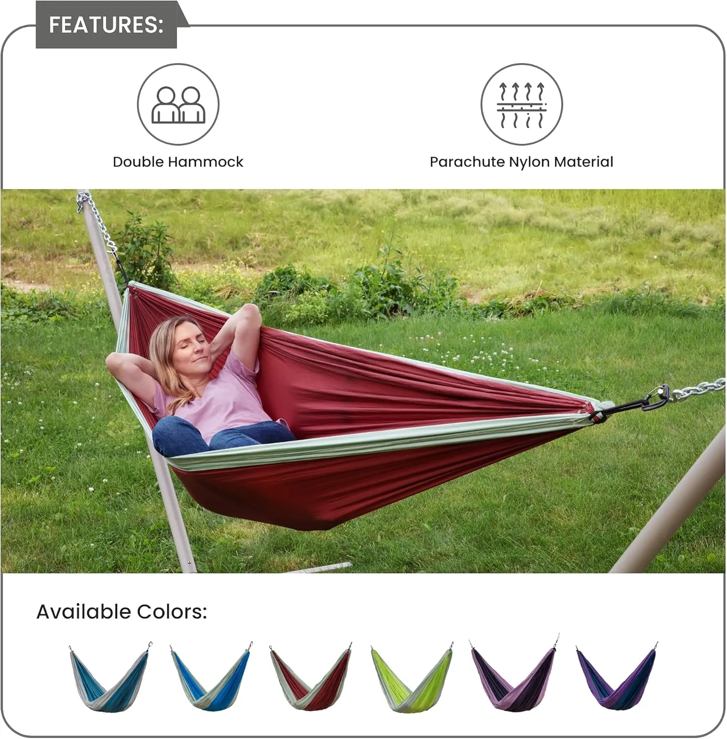 Makena Camping Hammock Set With Storage Bag Double Hammock for 2 Outdoor Tree Swing Portable Hammock For Travel Camping Accessories - Colibri Maroon