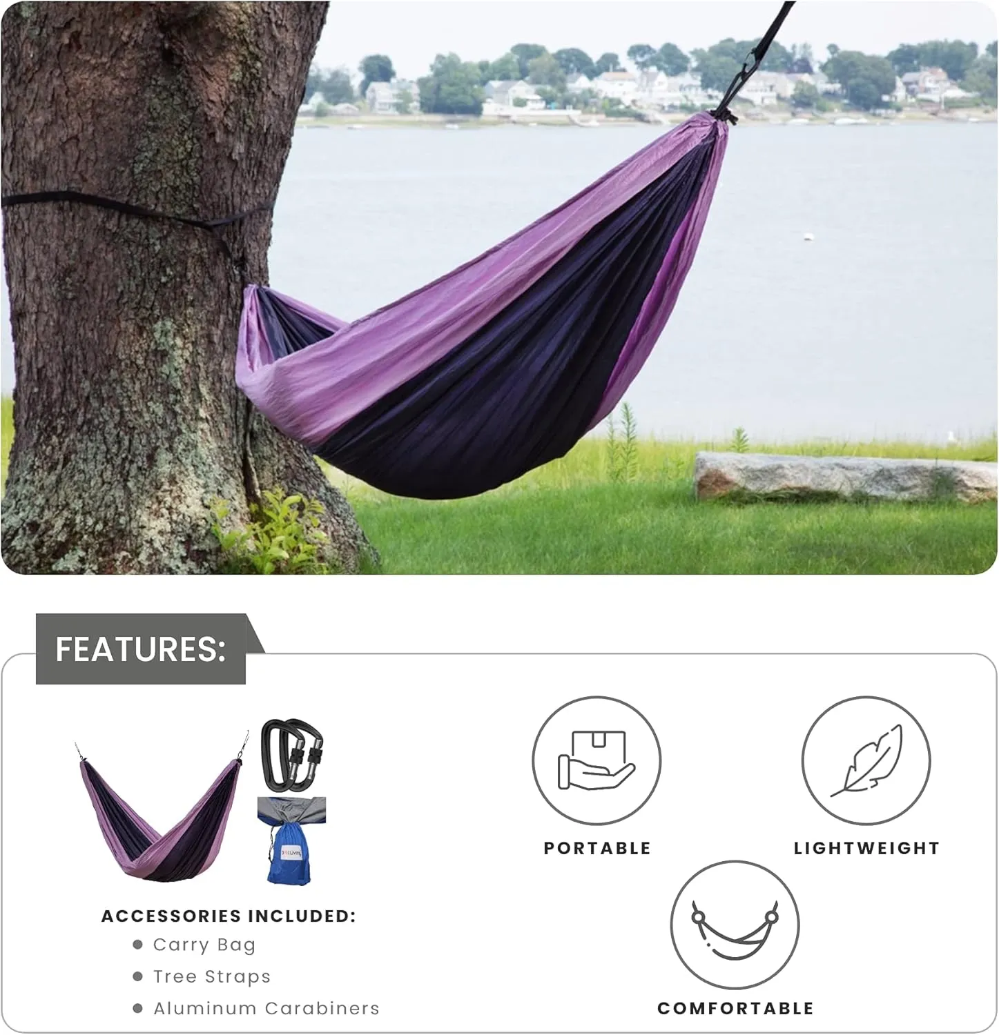 Makena Camping Hammock Set with Storage Bag Double Hammock for Two Outdoor Tree Swing Portable Hammock for Travel Camping Accessories Use Outside Backyard Backpacking Beach Picnic (Light/Dark Purple)
