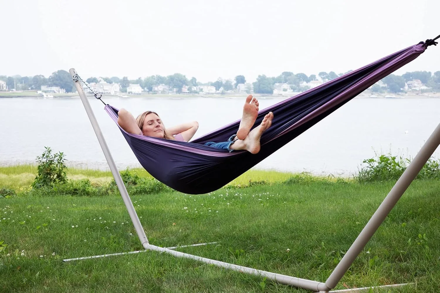 Makena Camping Hammock Set with Storage Bag Double Hammock for Two Outdoor Tree Swing Portable Hammock for Travel Camping Accessories Use Outside Backyard Backpacking Beach Picnic (Light/Dark Purple)