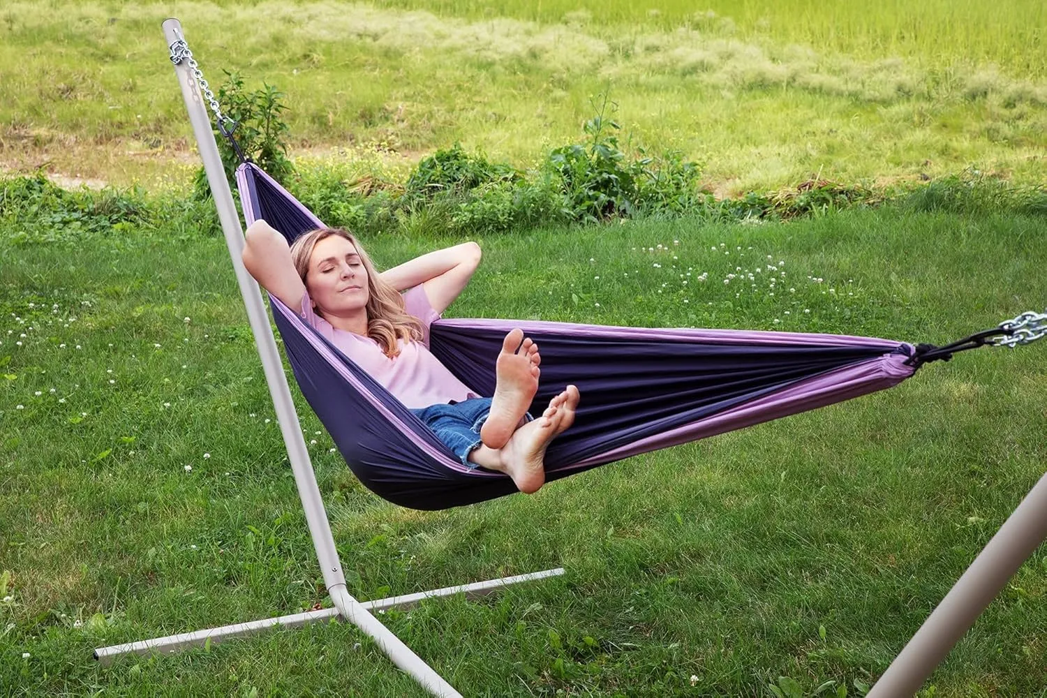 Makena Camping Hammock Set with Storage Bag Double Hammock for Two Outdoor Tree Swing Portable Hammock for Travel Camping Accessories Use Outside Backyard Backpacking Beach Picnic (Light/Dark Purple)