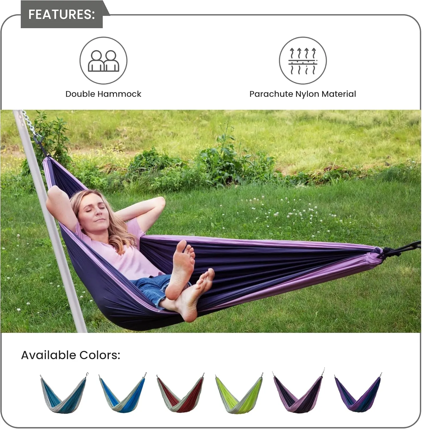 Makena Camping Hammock Set with Storage Bag Double Hammock for Two Outdoor Tree Swing Portable Hammock for Travel Camping Accessories Use Outside Backyard Backpacking Beach Picnic (Light/Dark Purple)